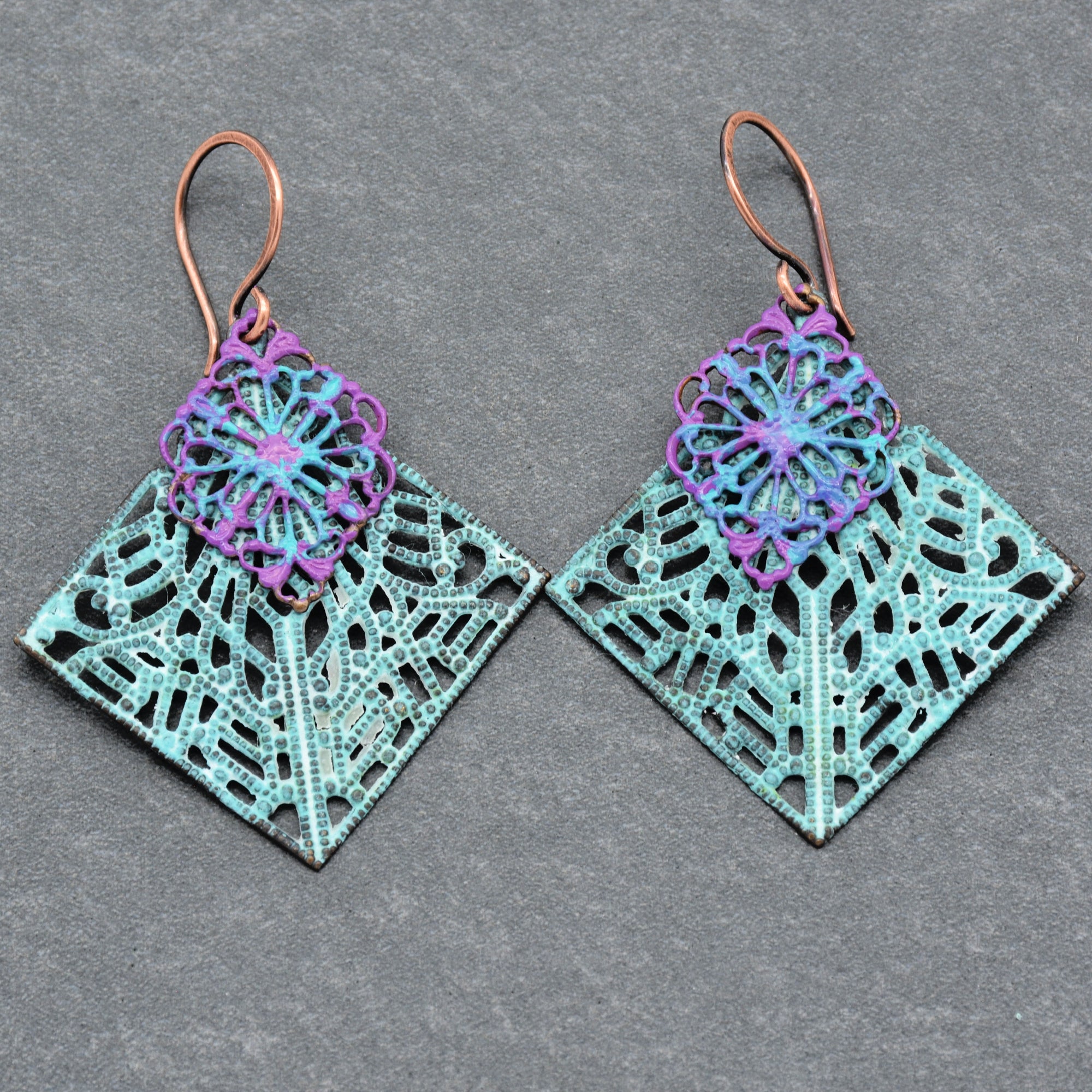 Gypsy Filigree Handmade Dangle Earrings, Artisan Turquoise Patinated Filigree.