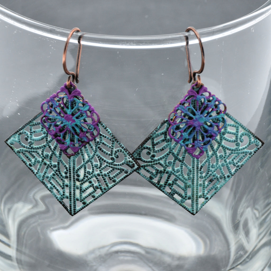 Gypsy Filigree Handmade Dangle Earrings, Artisan Turquoise Patinated Filigree.