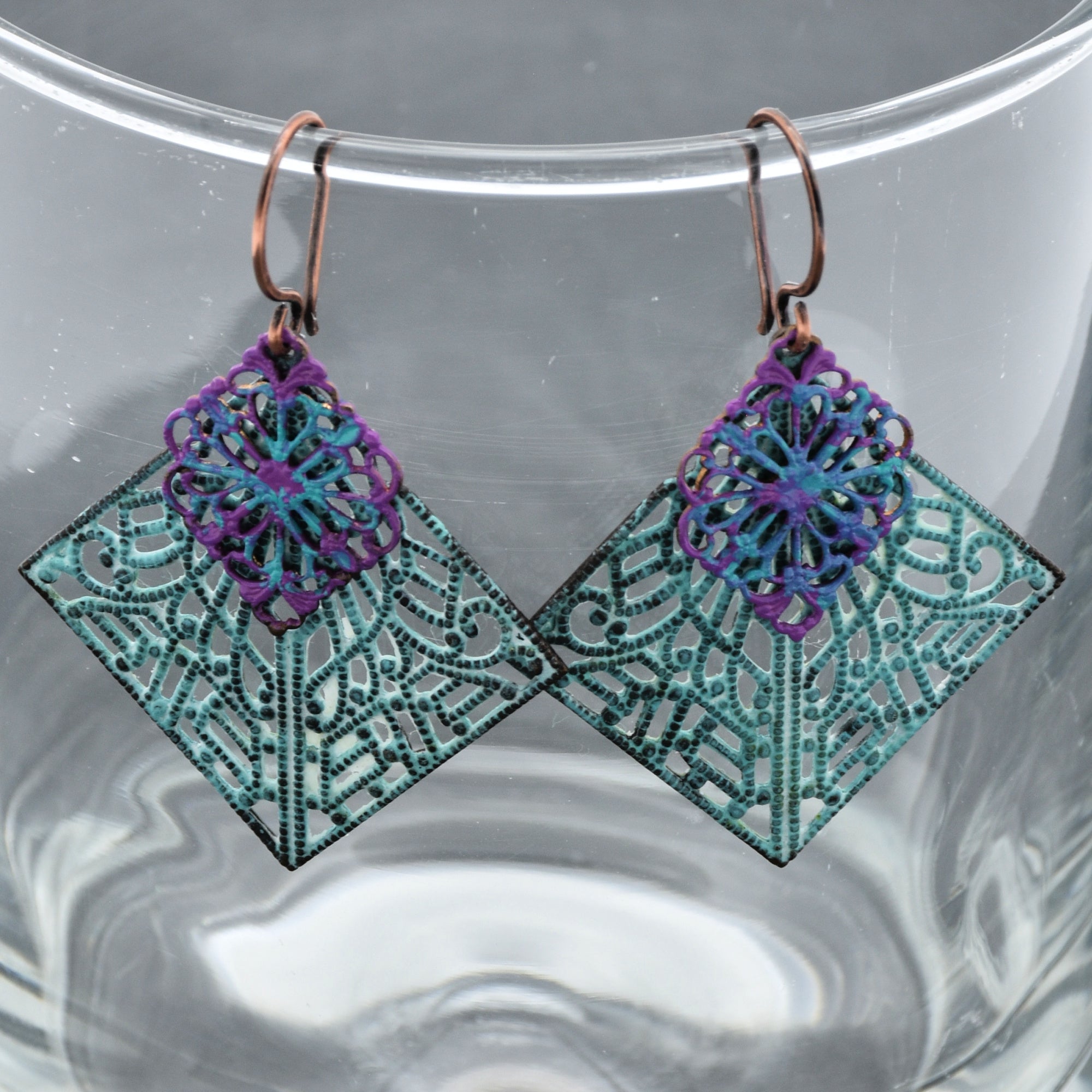 Gypsy Filigree Handmade Dangle Earrings, Artisan Turquoise Patinated Filigree.