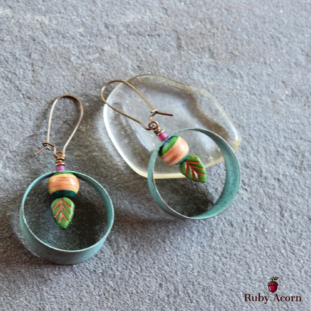 Gypsy Hoops Handmade Earrings, Recycled Skate Board, Artisan Hoops, Czech Glass