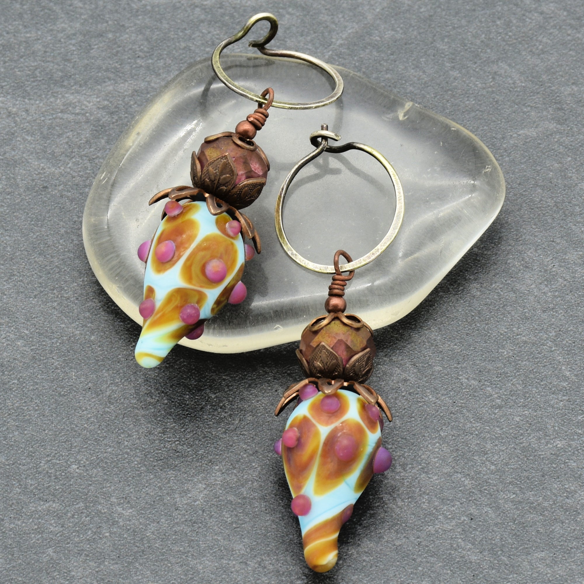 Hint of Pink Handmade Dangle Earrings, Gorgeous Artisan Sky Blue and Pink Lampwork Glass, Czech Glass and Silver Ear Wires