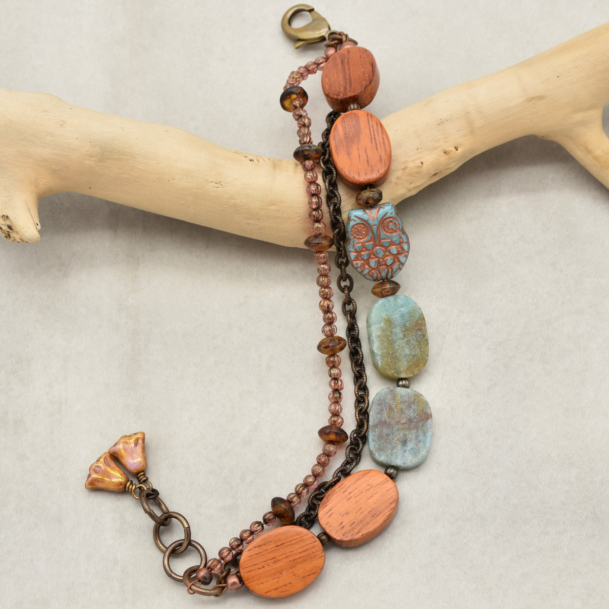 Hootie Triple Strand Handmade Beaded Bracelet with Czech Glass Owl, Matte Blue Green Quartz, Wood, and Cinnamon Pink Czech Glass Beads