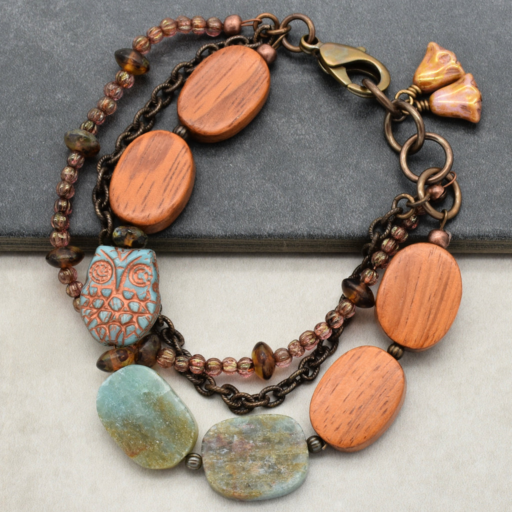 Hootie Triple Strand Handmade Beaded Bracelet with Czech Glass Owl, Matte Blue Green Quartz, Wood, and Cinnamon Pink Czech Glass Beads