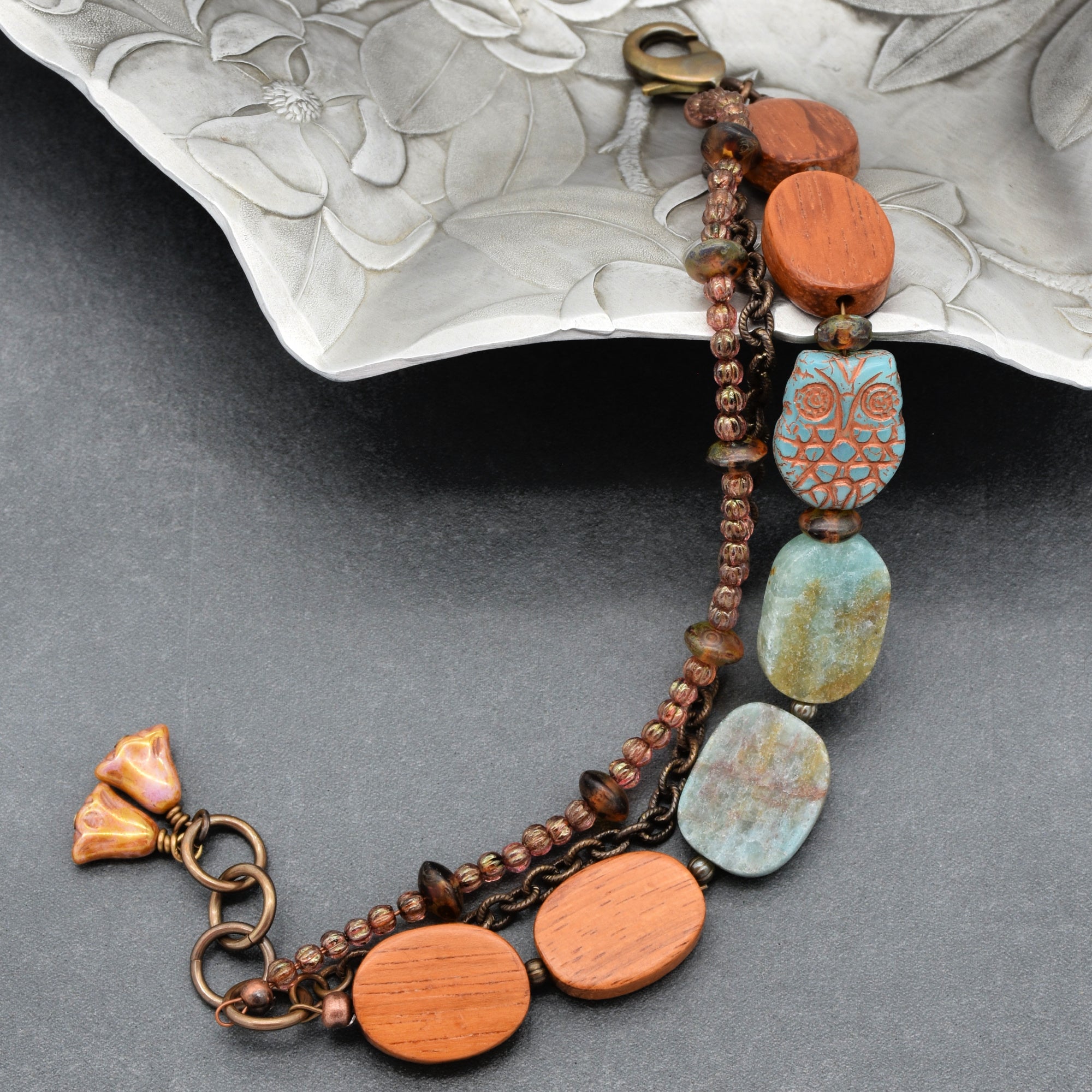 Hootie Triple Strand Handmade Beaded Bracelet with Czech Glass Owl, Matte Blue Green Quartz, Wood, and Cinnamon Pink Czech Glass Beads