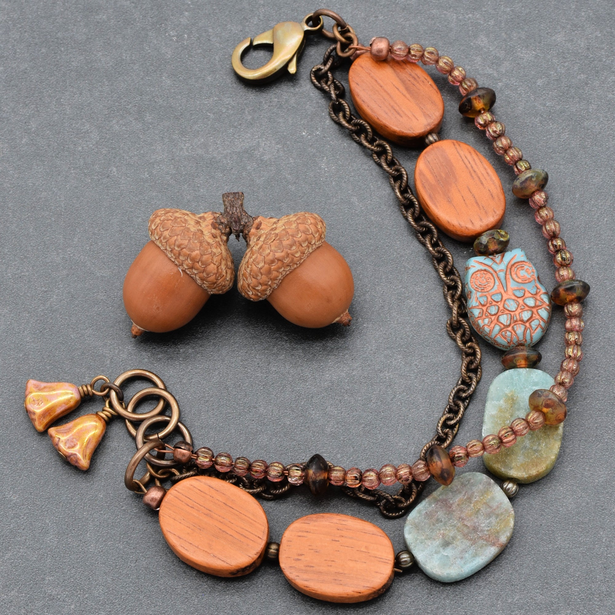 Hootie Triple Strand Handmade Beaded Bracelet with Czech Glass Owl, Matte Blue Green Quartz, Wood, and Cinnamon Pink Czech Glass Beads