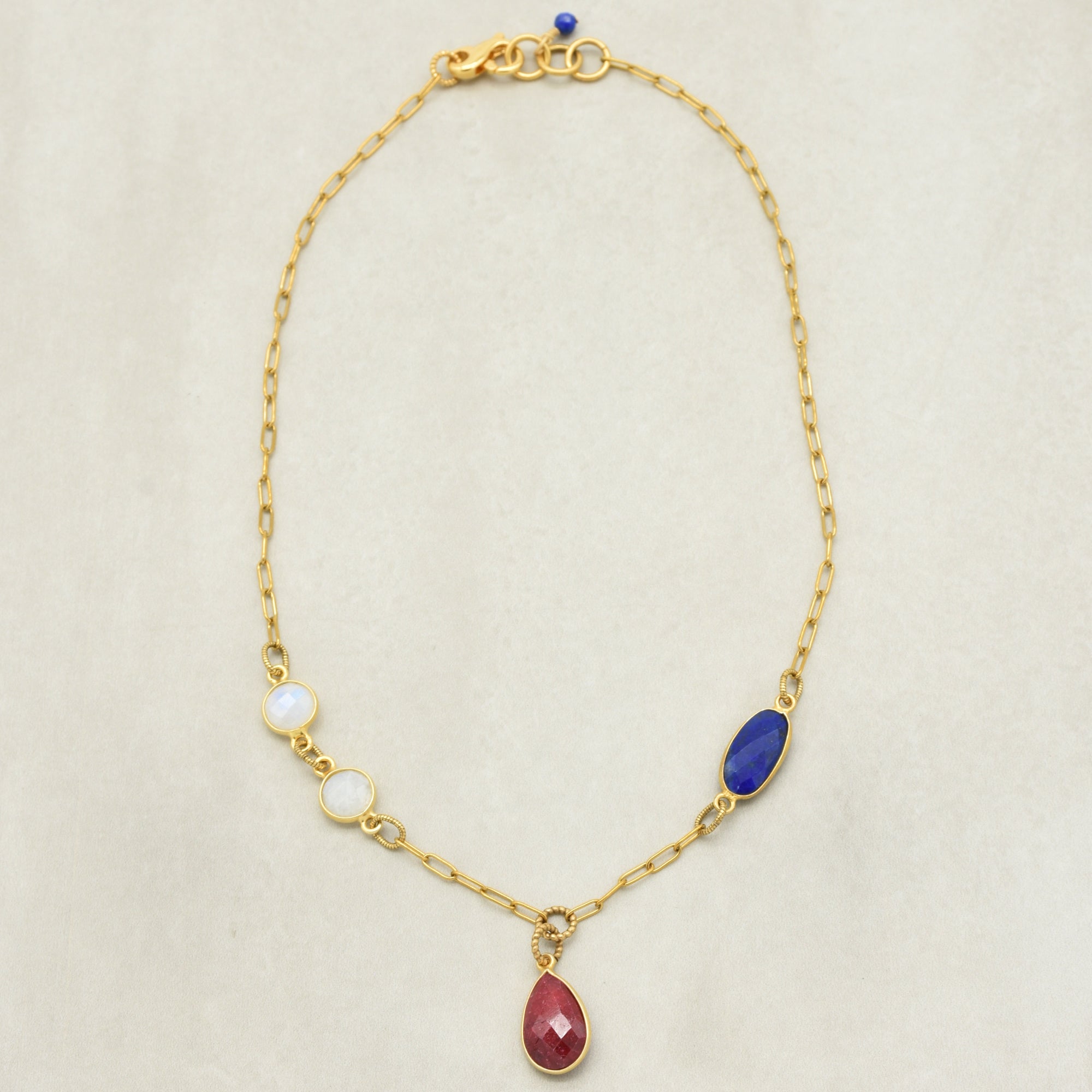 Delicate gold chain choker necklace with ruby pendant, lapis and rainbow moonstone links - handmade with love by Ruby Acorn