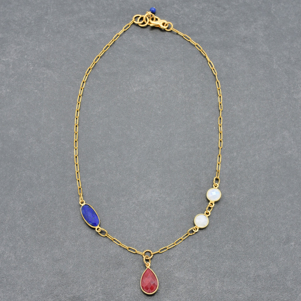 Ruby, lapis and rainbow moonstone gold chain necklace with an infinity lobster claw - wearable art by Ruby Acorn.