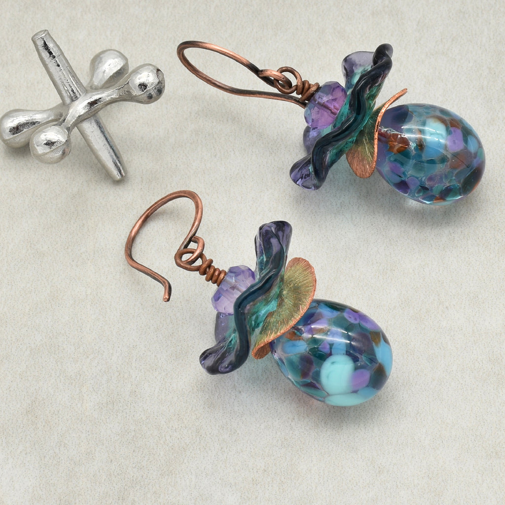 Indigo Ruffles Handmade Dangle Earrings, Artisan Lampwork Glass, Purple Amethyst