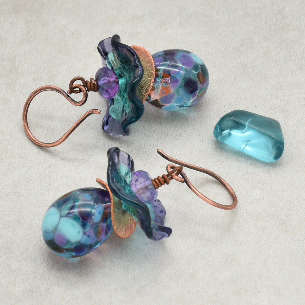 Indigo Ruffles Handmade Dangle Earrings, Artisan Lampwork Glass, Purple Amethyst