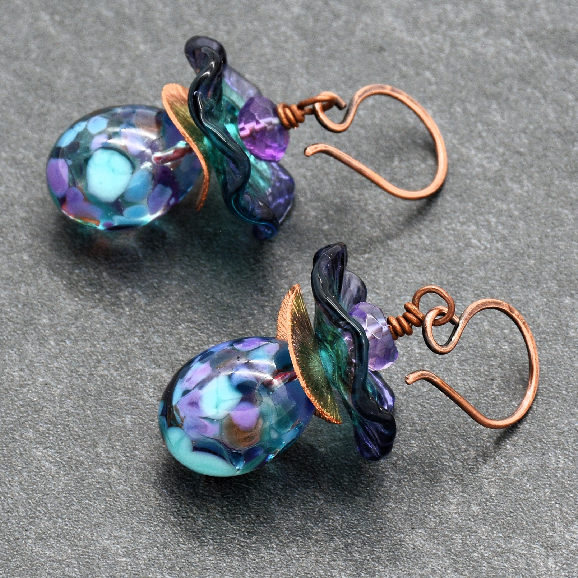 Indigo Ruffles Handmade Dangle Earrings, Artisan Lampwork Glass, Purple Amethyst