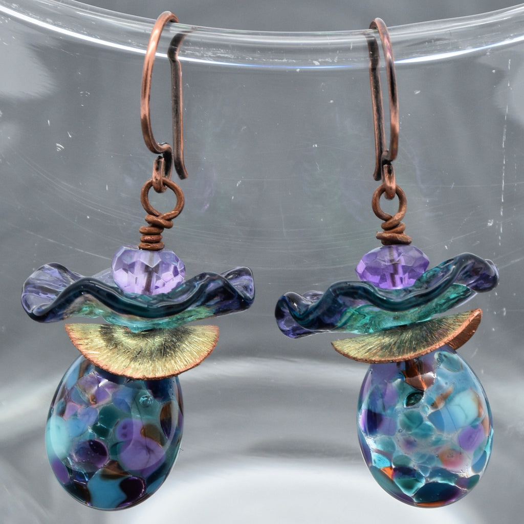 Indigo Ruffles Handmade Dangle Earrings, Artisan Lampwork Glass, Purple Amethyst