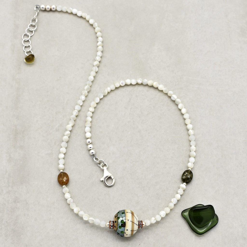 Jacinthe Handmade Beaded Necklace. Artisan Lampwork Glass, Mother of Pearl and Sterling Silver