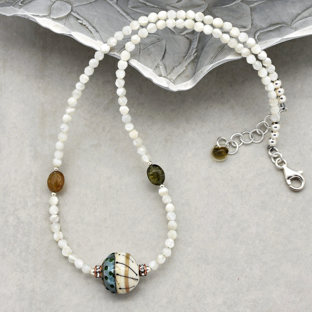 Jacinthe Handmade Beaded Necklace. Artisan Lampwork Glass, Mother of Pearl and Sterling Silver