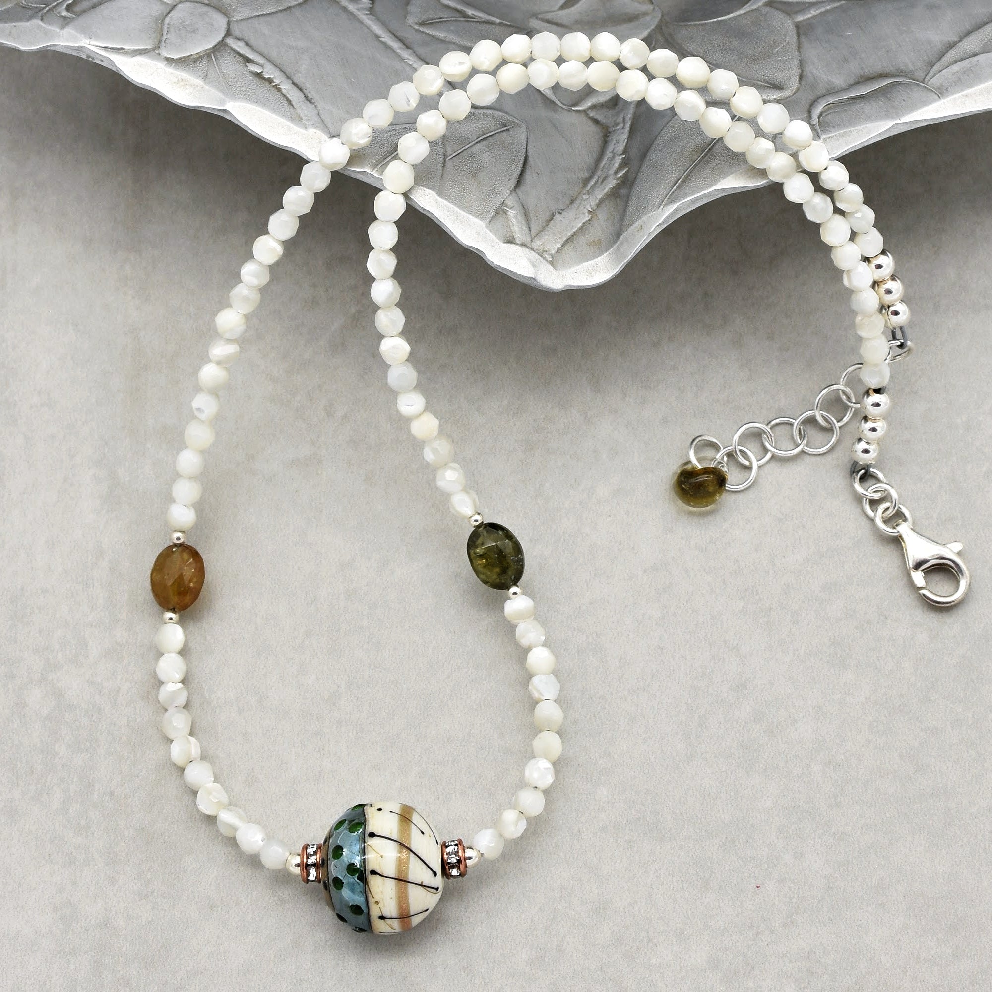 Jacinthe Handmade Beaded Necklace. Artisan Lampwork Glass, Mother of Pearl and Sterling Silver