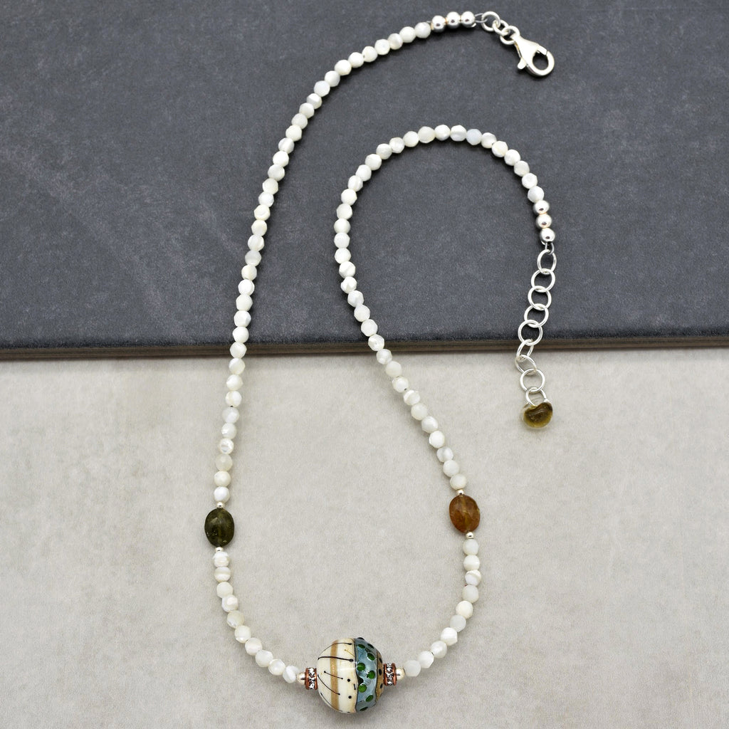 Jacinthe Handmade Beaded Necklace. Artisan Lampwork Glass, Mother of Pearl and Sterling Silver