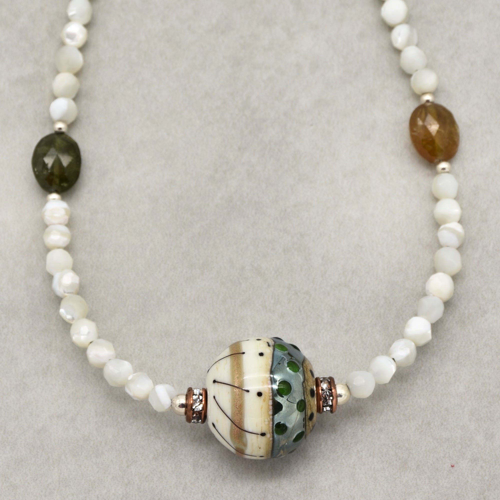 Jacinthe Handmade Beaded Necklace. Artisan Lampwork Glass, Mother of Pearl and Sterling Silver