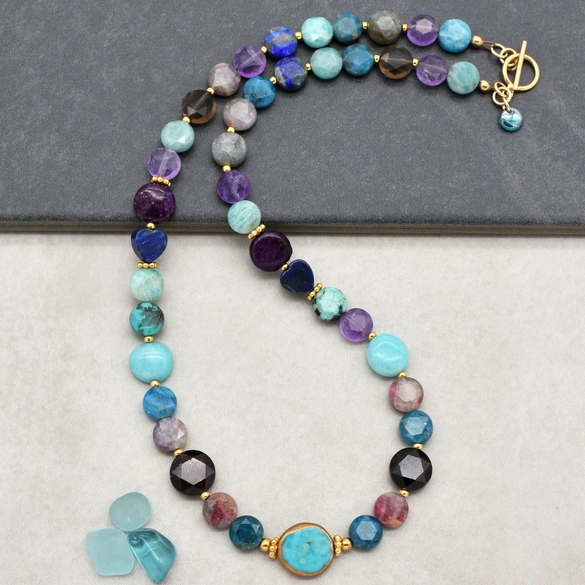 Jewels Handmade Beaded Necklace. Genuine Turquoise with Copper Edging, Apatite, Garnet, Lapis, Amethyst, and Much More, Gold Filled Findings