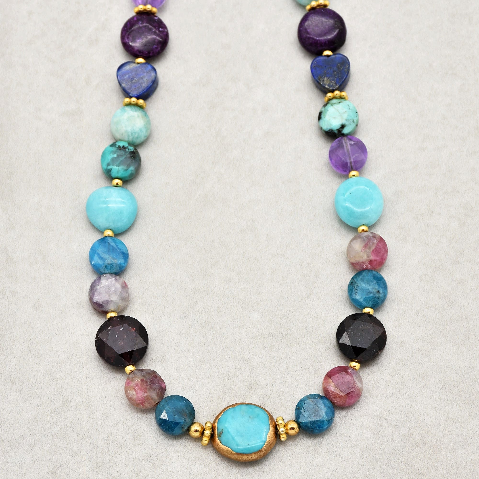 Jewels Handmade Beaded Necklace. Genuine Turquoise with Copper Edging, Apatite, Garnet, Lapis, Amethyst, and Much More, Gold Filled Findings