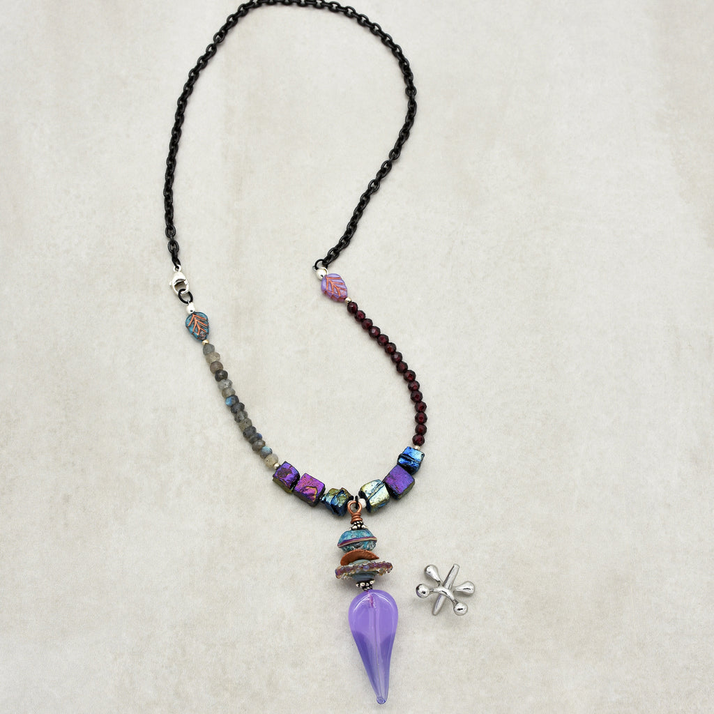 Lilac Leaf Handmade Beaded Necklace. Red Garnet, Labradorite, Sterling Silver, Artisan Lampwork Glass