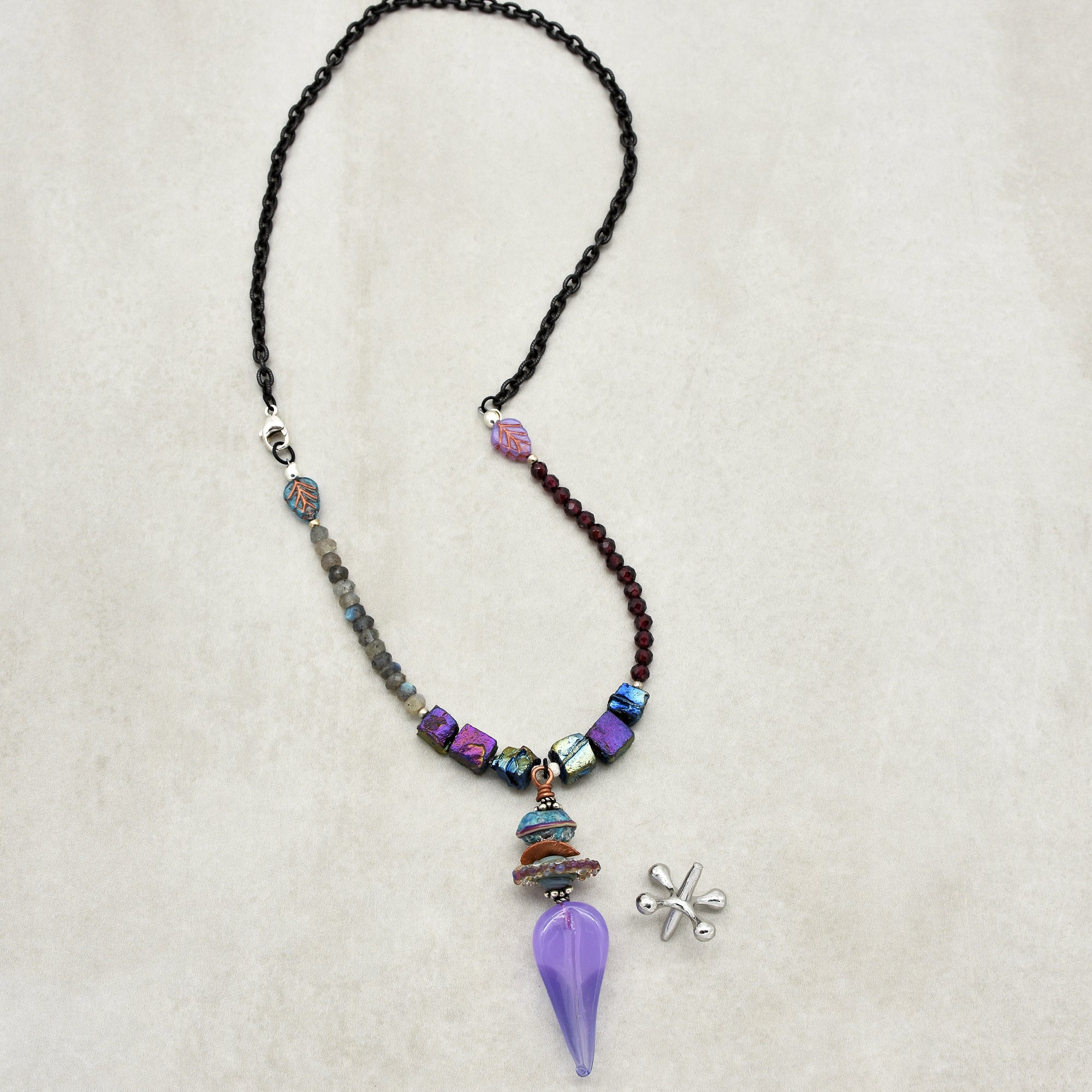 Lilac Leaf Handmade Beaded Necklace. Red Garnet, Labradorite, Sterling Silver, Artisan Lampwork Glass