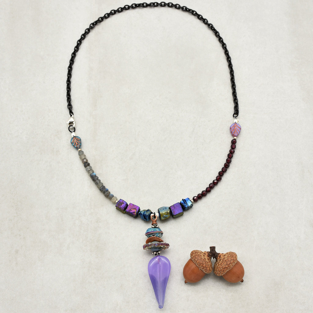 Lilac Leaf Handmade Beaded Necklace. Red Garnet, Labradorite, Sterling Silver, Artisan Lampwork Glass