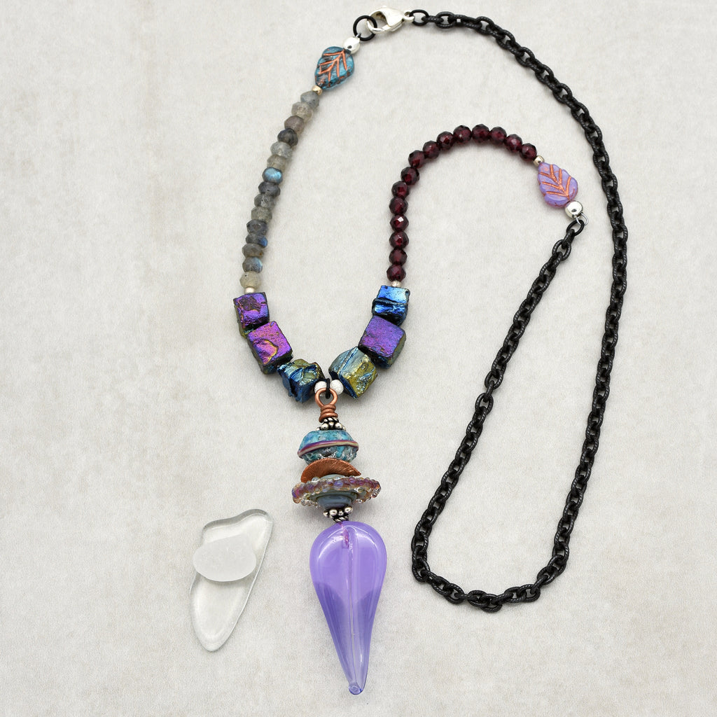 Lilac Leaf Handmade Beaded Necklace. Red Garnet, Labradorite, Sterling Silver, Artisan Lampwork Glass