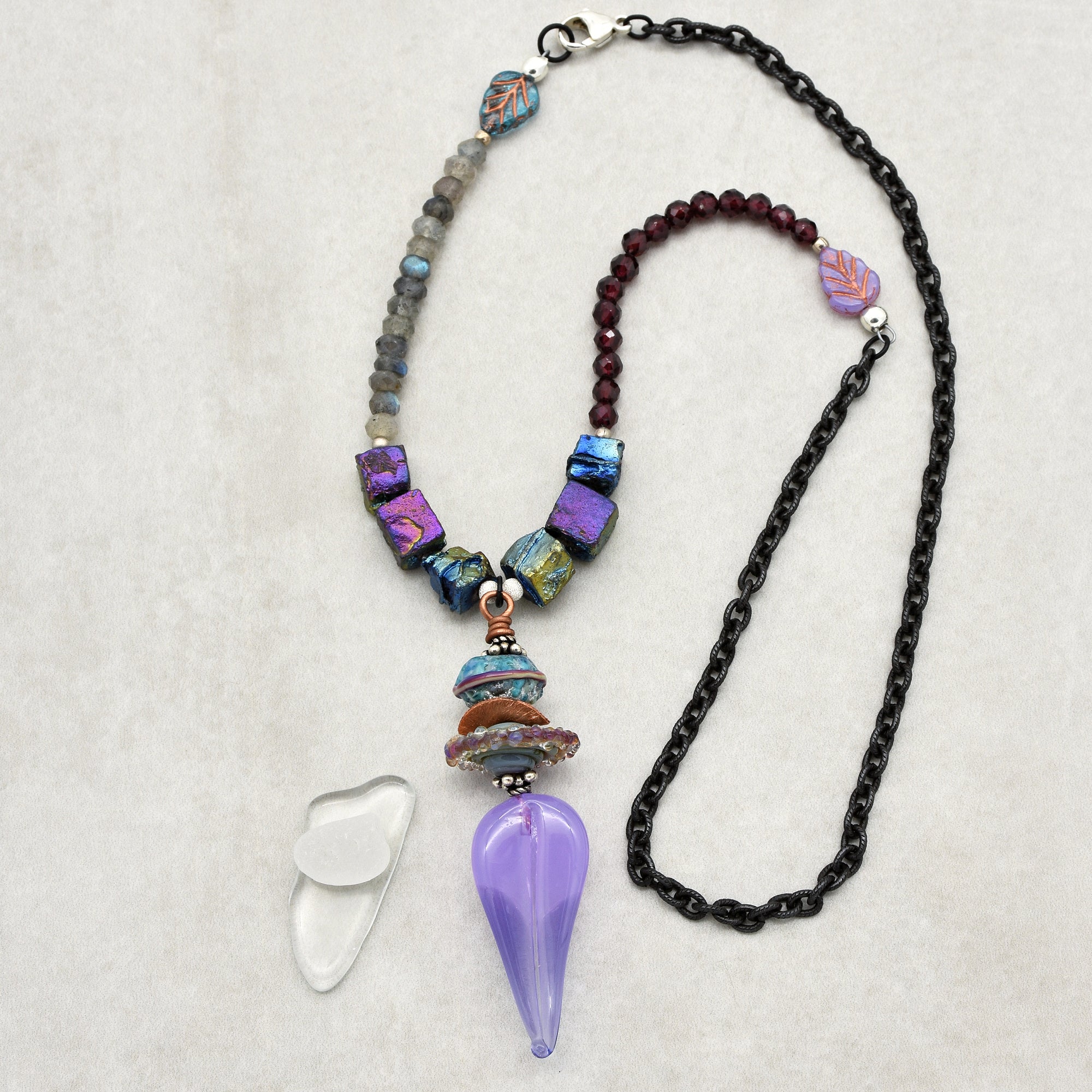 Lilac Leaf Handmade Beaded Necklace. Red Garnet, Labradorite, Sterling Silver, Artisan Lampwork Glass