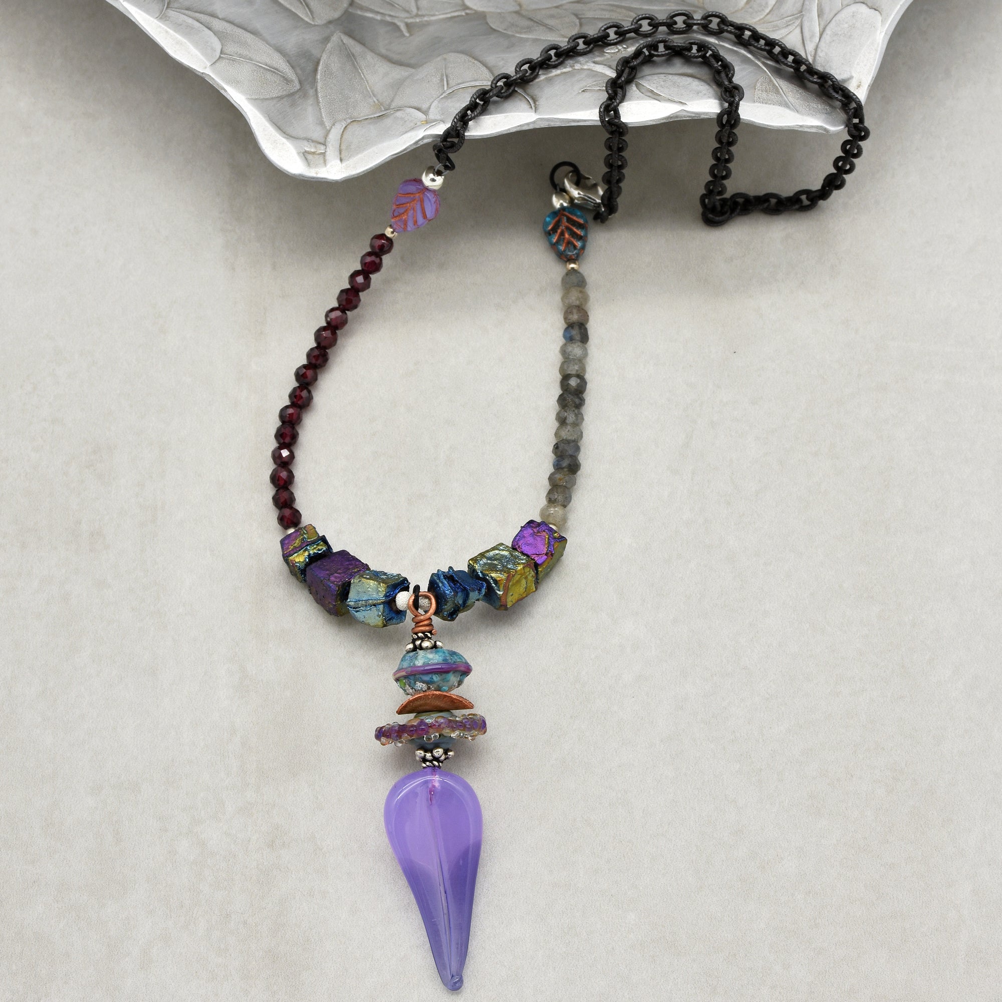 Lilac Leaf Handmade Beaded Necklace. Red Garnet, Labradorite, Sterling Silver, Artisan Lampwork Glass