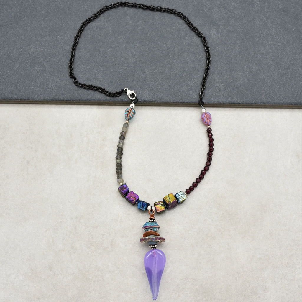 Lilac Leaf Handmade Beaded Necklace. Red Garnet, Labradorite, Sterling Silver, Artisan Lampwork Glass