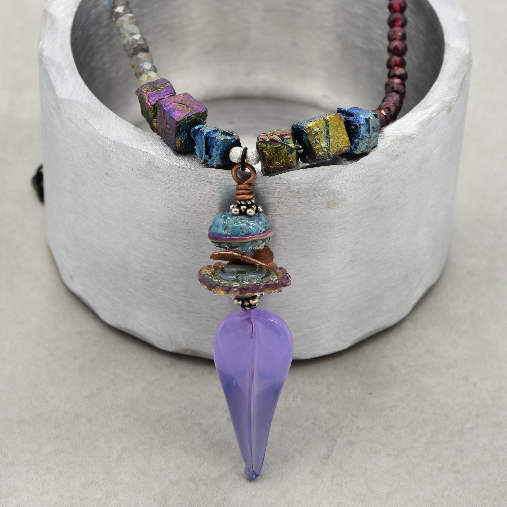 Lilac Leaf Handmade Beaded Necklace. Red Garnet, Labradorite, Sterling Silver, Artisan Lampwork Glass