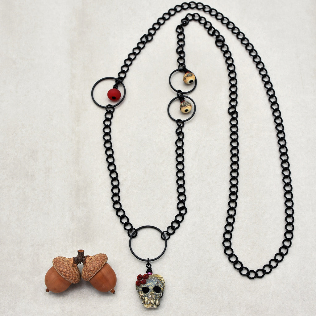 Lovely Frida Sugar Skull Statement Necklace with Artisan Lampwork Glass and Black Chain