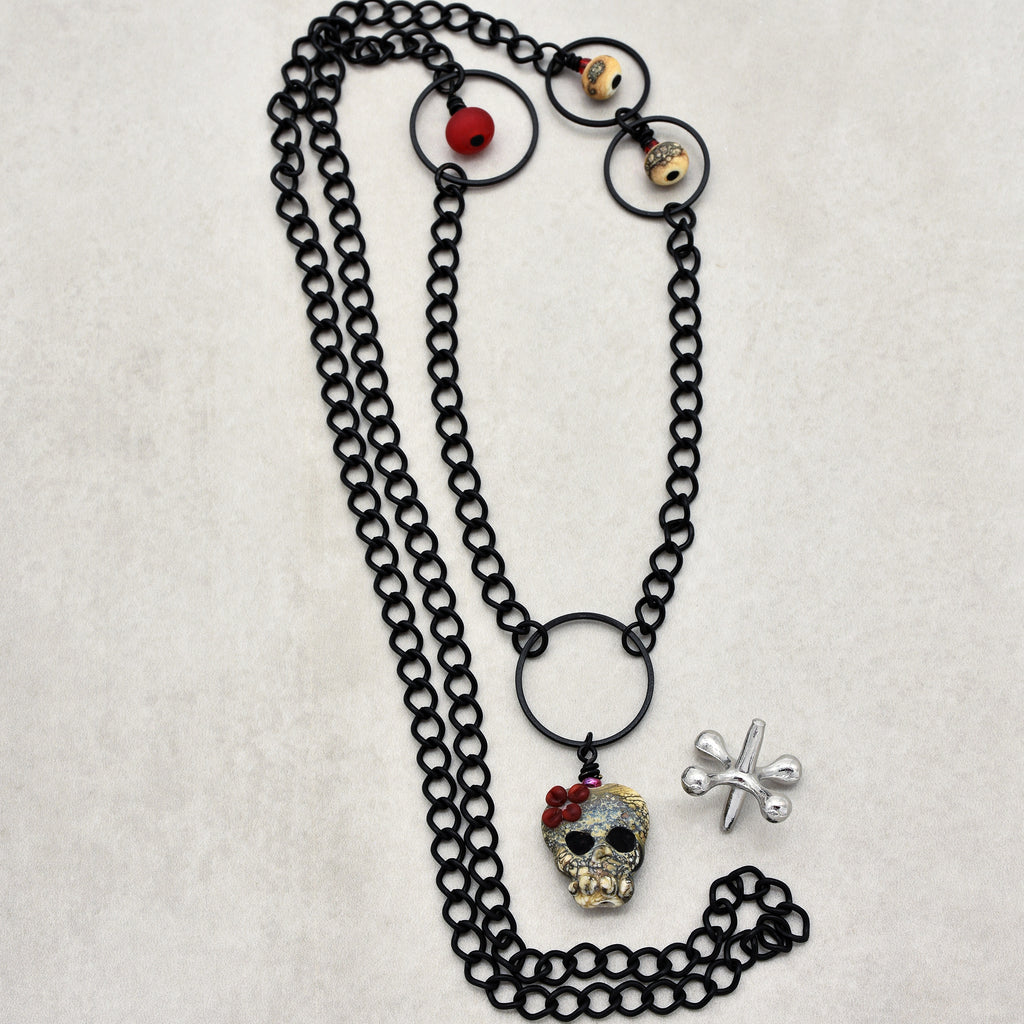 Lovely Frida Sugar Skull Statement Necklace with Artisan Lampwork Glass and Black Chain