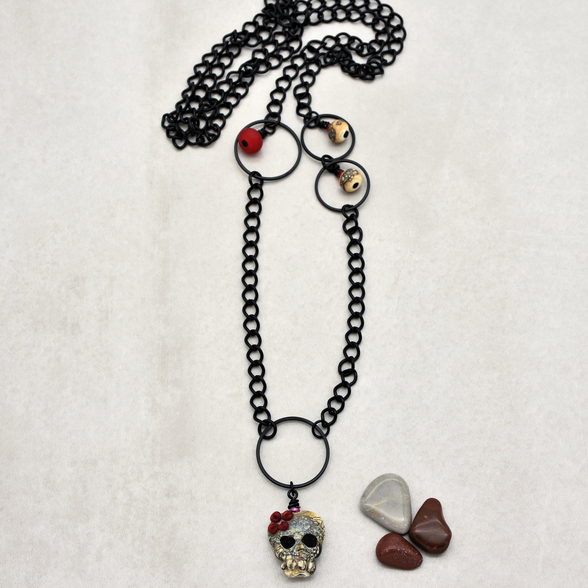 Lovely Frida Sugar Skull Statement Necklace with Artisan Lampwork Glass and Black Chain