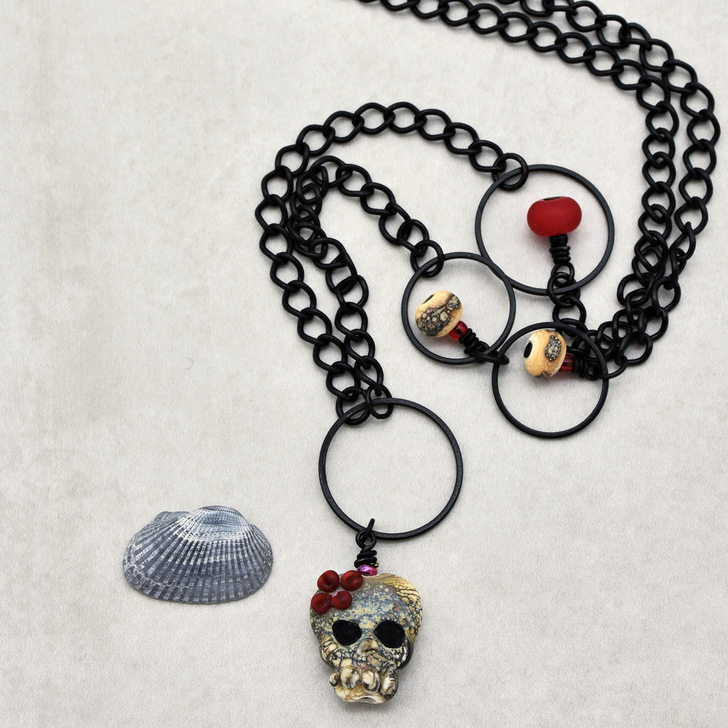 Lovely Frida Sugar Skull Statement Necklace with Artisan Lampwork Glass and Black Chain