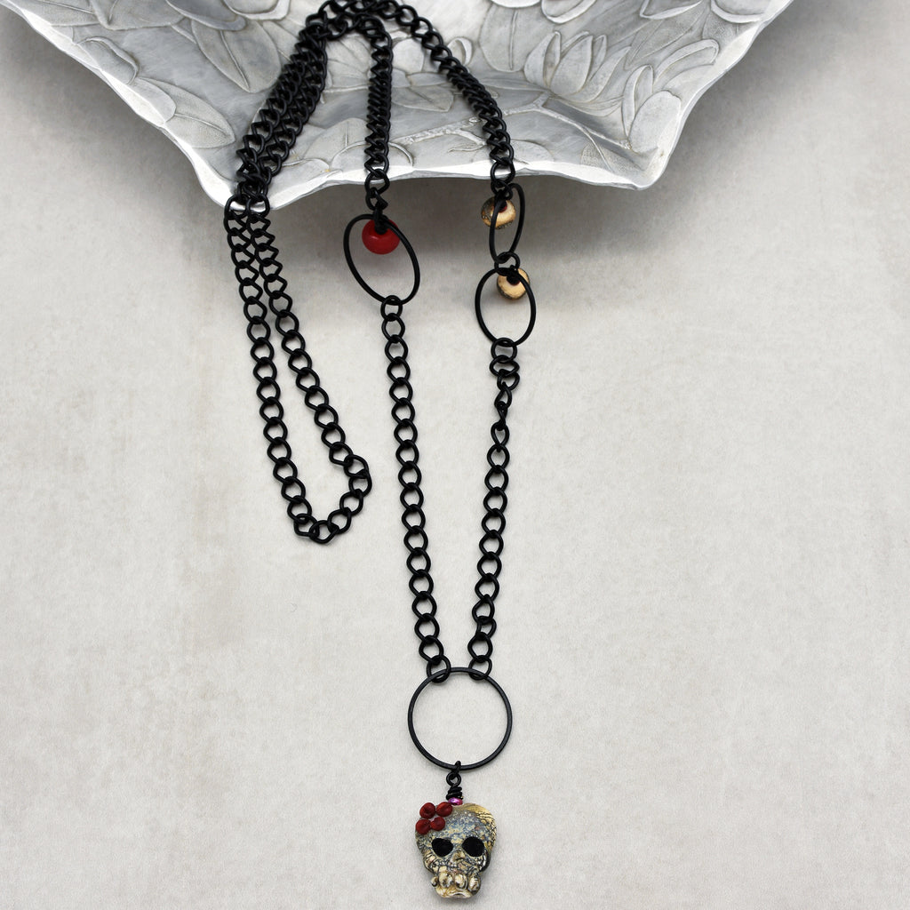 Lovely Frida Sugar Skull Statement Necklace with Artisan Lampwork Glass and Black Chain