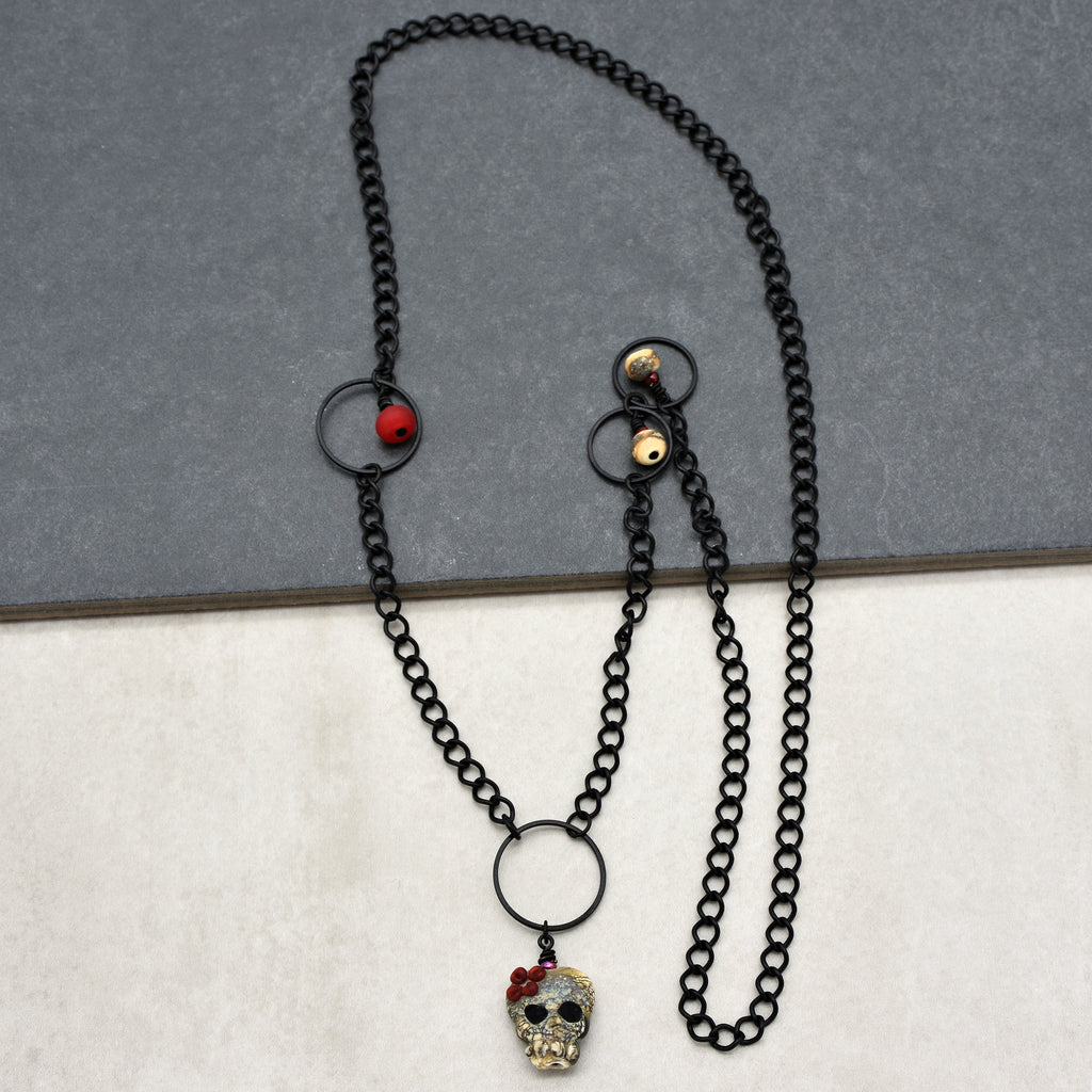 Lovely Frida Sugar Skull Statement Necklace with Artisan Lampwork Glass and Black Chain