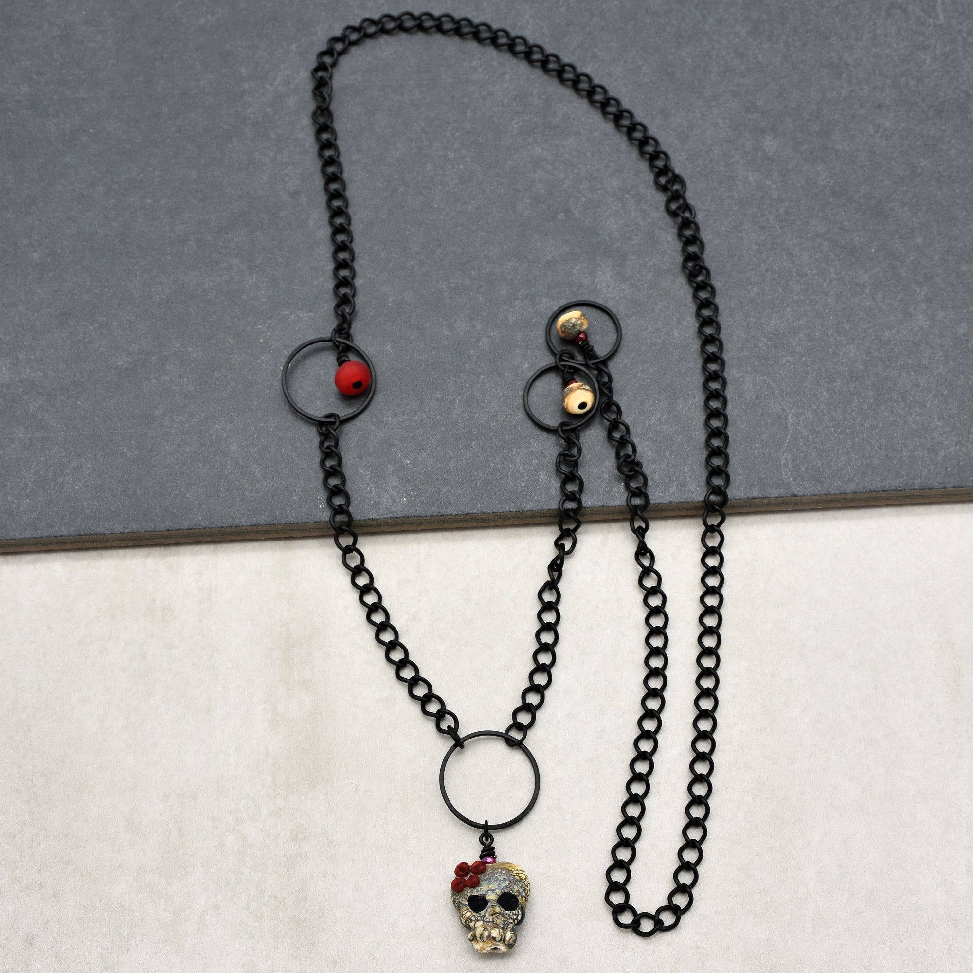 Lovely Frida Sugar Skull Statement Necklace with Artisan Lampwork Glass and Black Chain