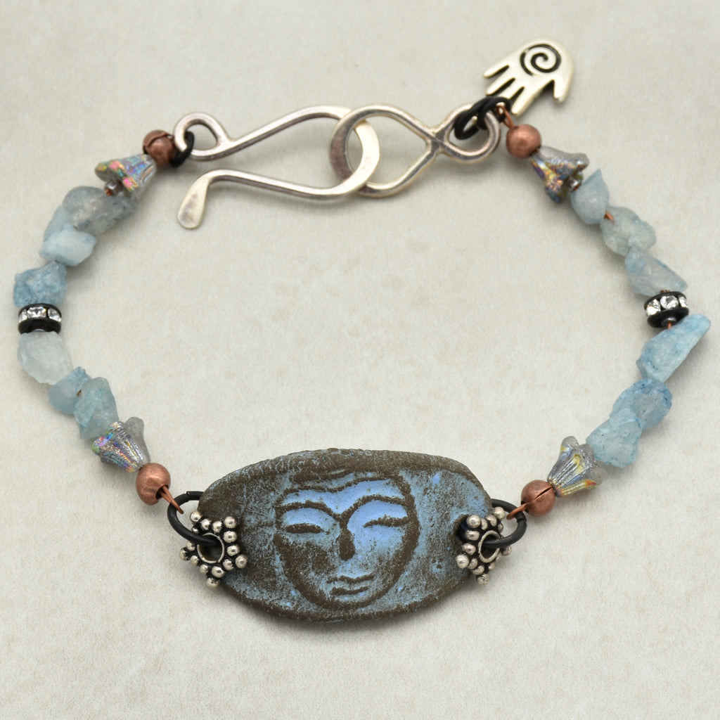 Luna Goddess Handmade Bracelet with Aquamarine, Artisan Ceramic, Sterling Silver and Czech Glass
