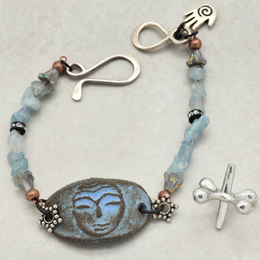 Luna Goddess Handmade Bracelet with Aquamarine, Artisan Ceramic, Sterling Silver and Czech Glass