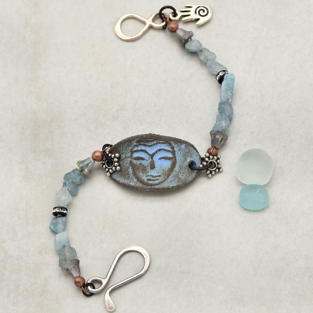 Luna Goddess Handmade Bracelet with Aquamarine, Artisan Ceramic, Sterling Silver and Czech Glass