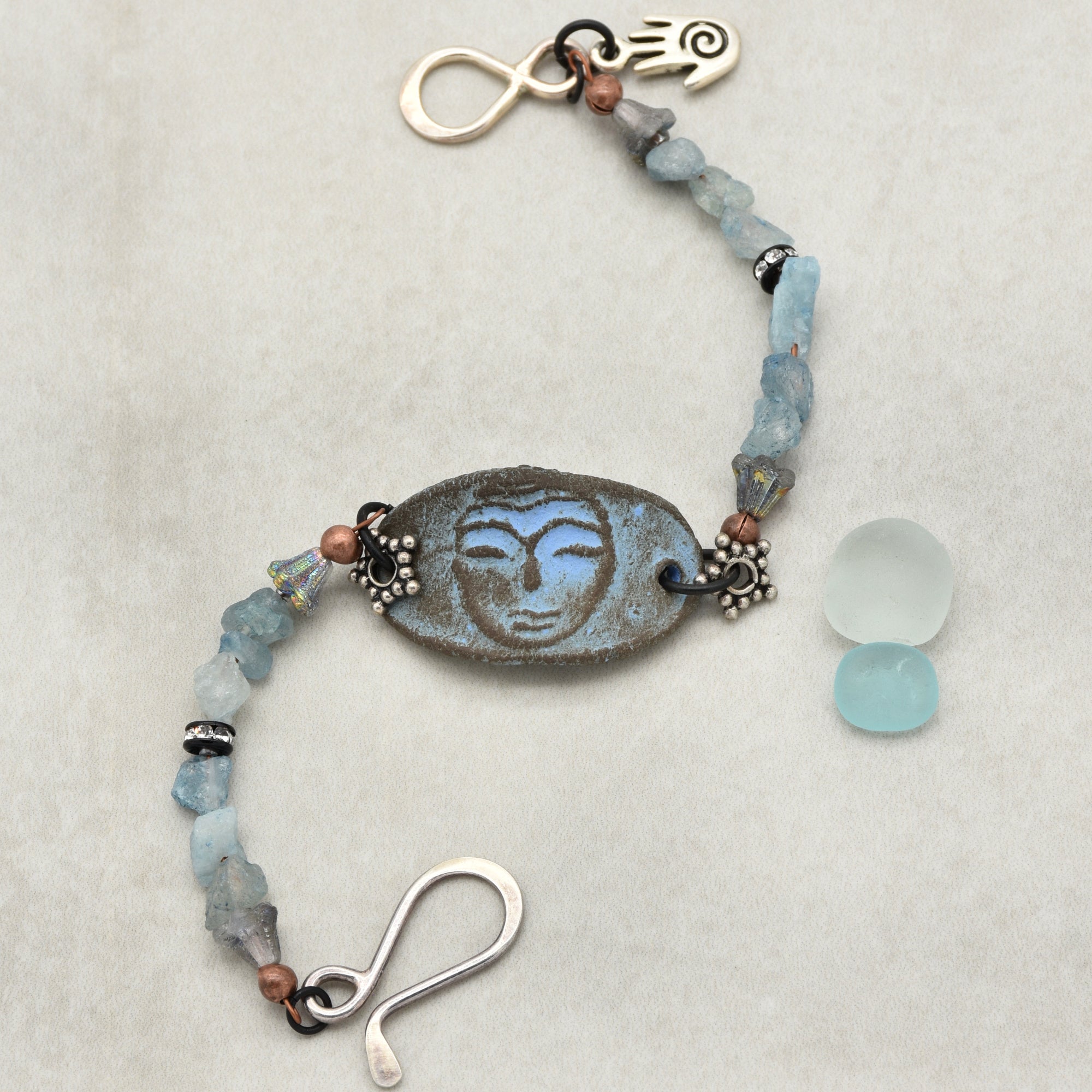 Luna Goddess Handmade Bracelet with Aquamarine, Artisan Ceramic, Sterling Silver and Czech Glass
