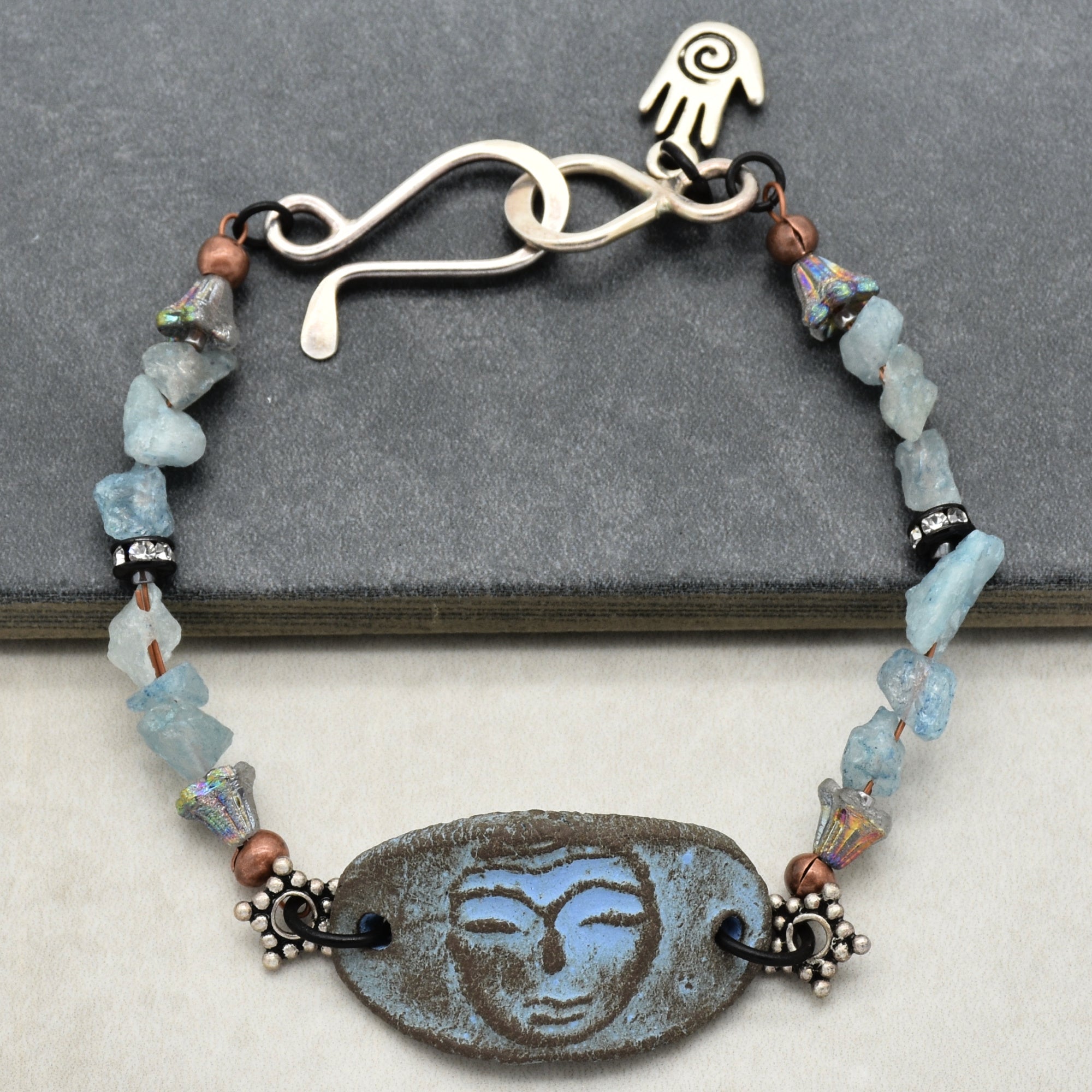 Luna Goddess Handmade Bracelet with Aquamarine, Artisan Ceramic, Sterling Silver and Czech Glass