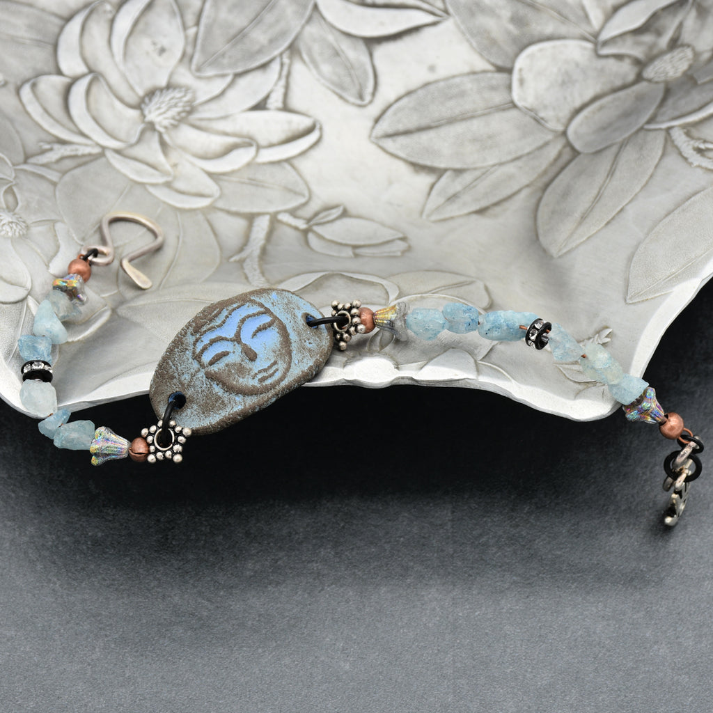 Luna Goddess Handmade Bracelet with Aquamarine, Artisan Ceramic, Sterling Silver and Czech Glass