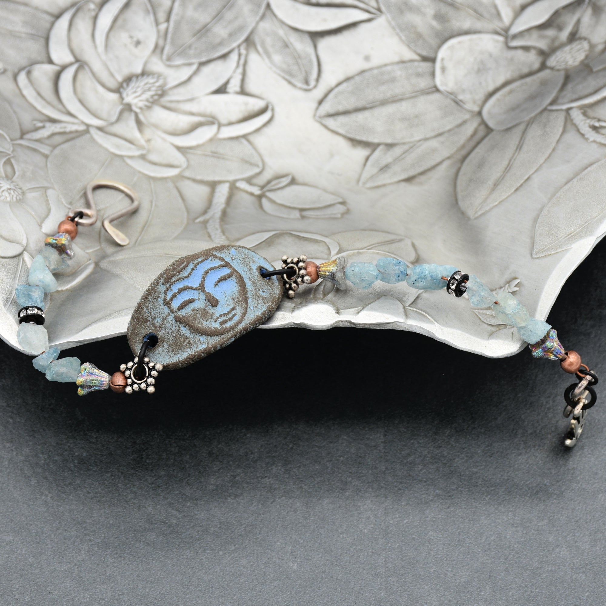 Luna Goddess Handmade Bracelet with Aquamarine, Artisan Ceramic, Sterling Silver and Czech Glass