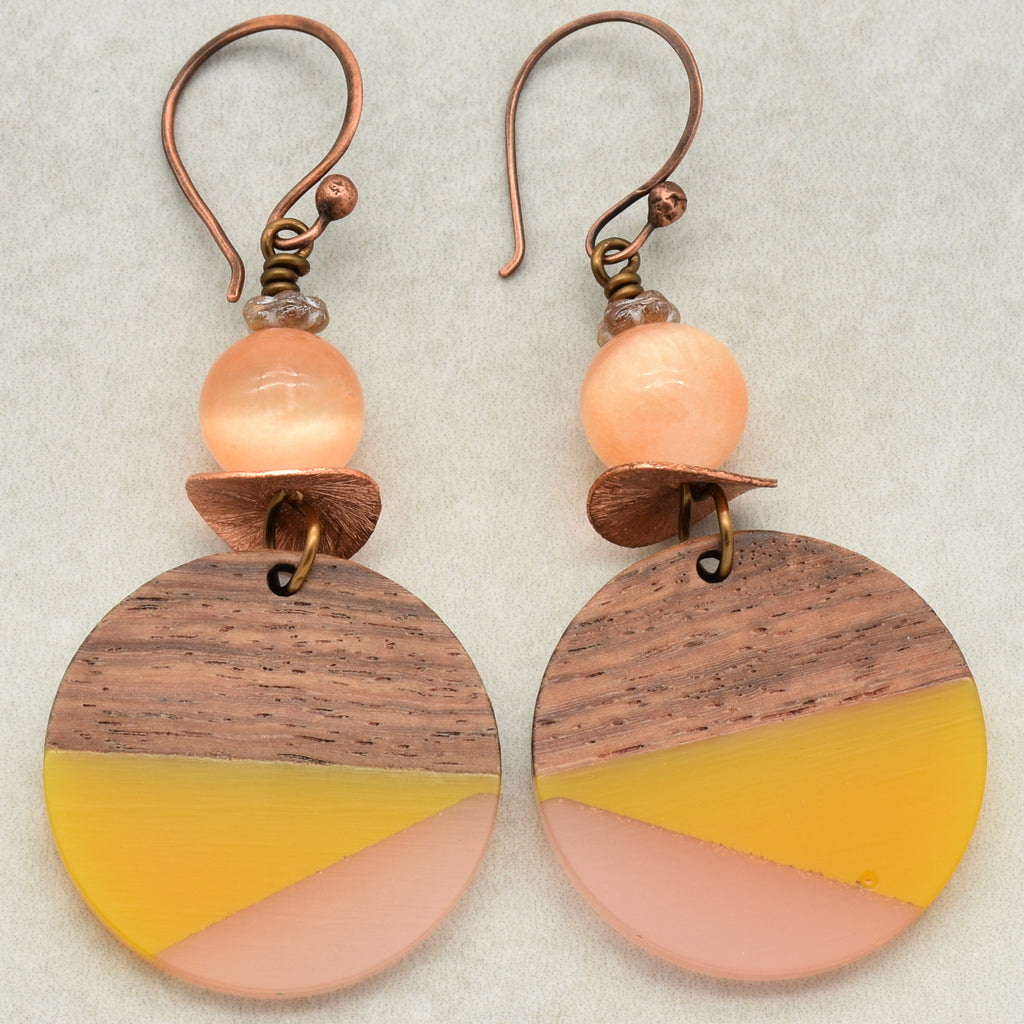 Mango and Peach Dangle Handmade Earrings, Bright Selenite, Wood Resin Charms.