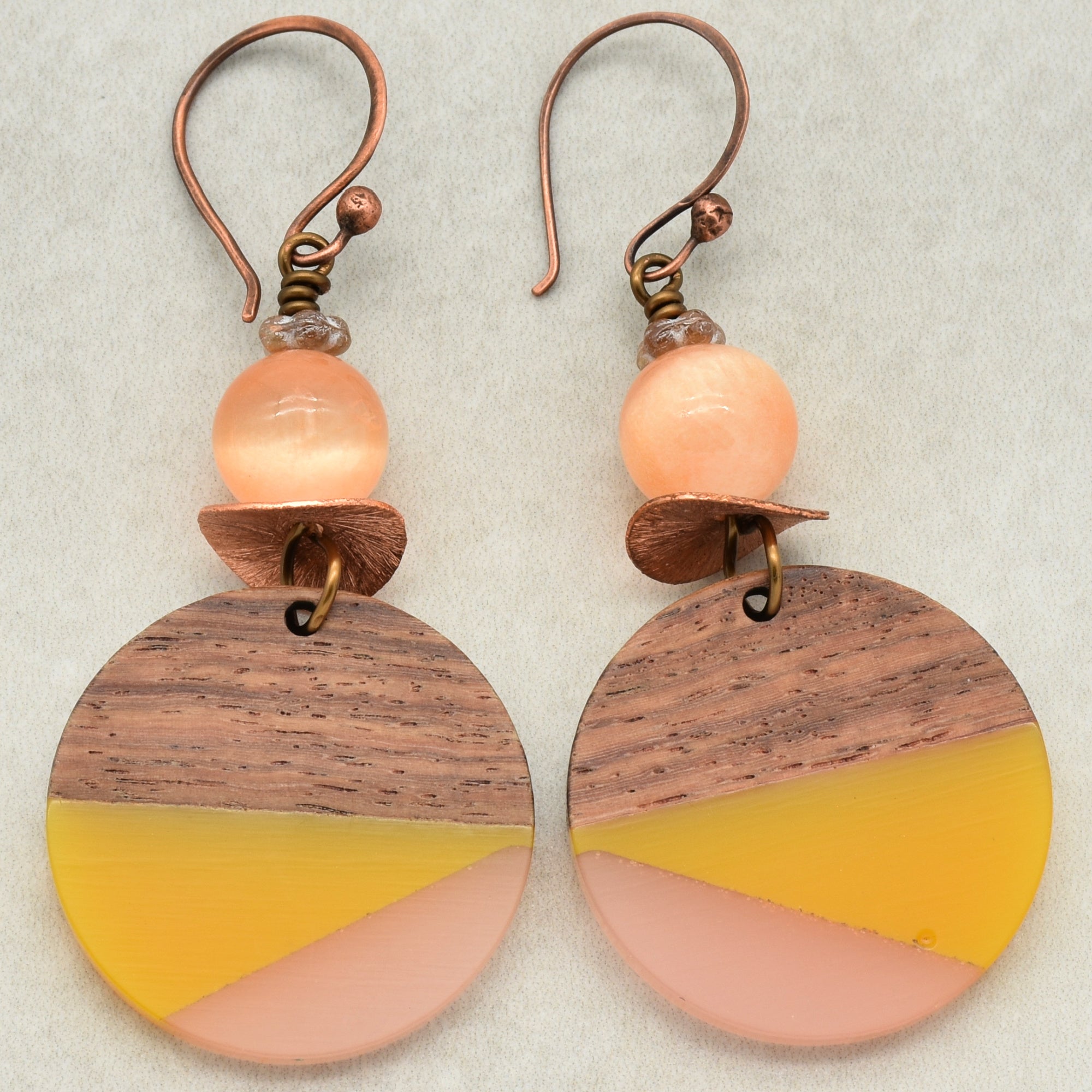 Mango and Peach Dangle Handmade Earrings, Bright Selenite, Wood Resin Charms.