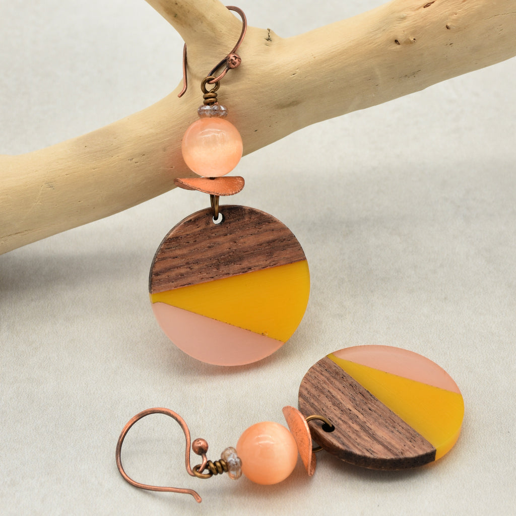 Mango and Peach Dangle Handmade Earrings, Bright Selenite, Wood Resin Charms.