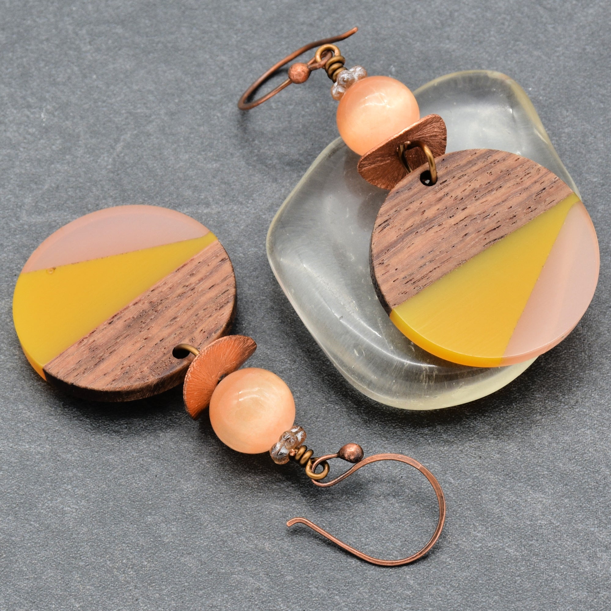 Mango and Peach Dangle Handmade Earrings, Bright Selenite, Wood Resin Charms.