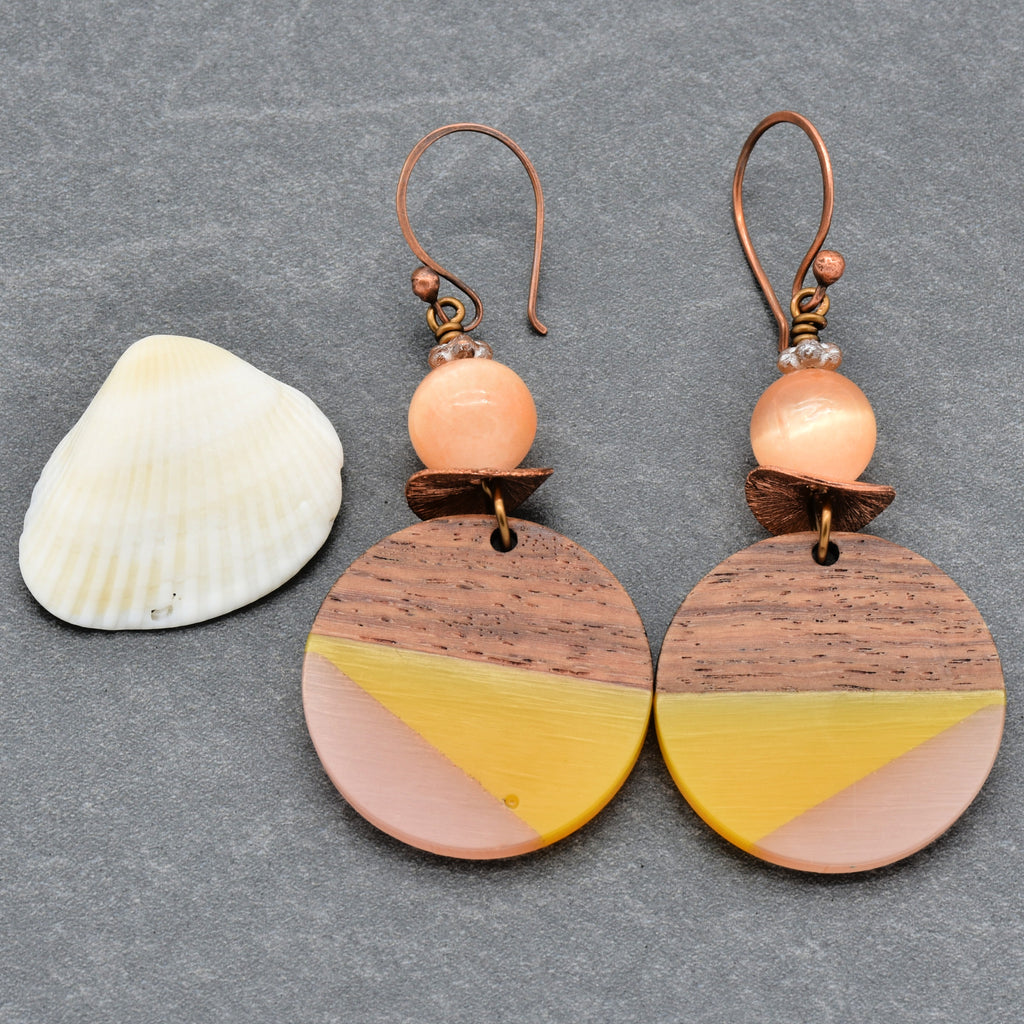 Mango and Peach Dangle Handmade Earrings, Bright Selenite, Wood Resin Charms.