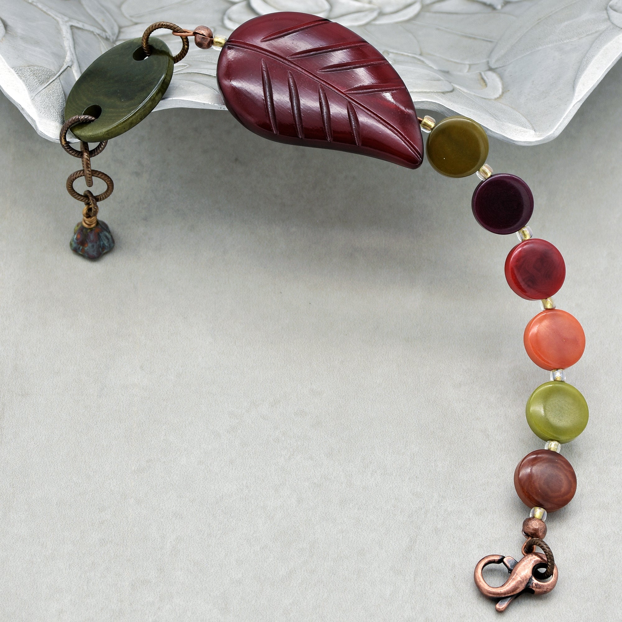 Merlot Leaf Handmade Beaded Bracelet with Carved Burgundy Horn Leaf, Tagua Nuts, Czech Glass